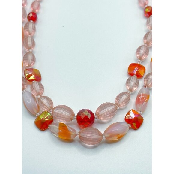 West Germany Pink Red Beaded Glass & Faceted Plastic Double Strand Necklace - Picture 2 of 5